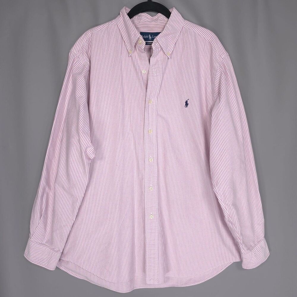 RALPH LAUREN Classic Fit Pink White 100% Cotton Striped Button Down Shirt Men XL